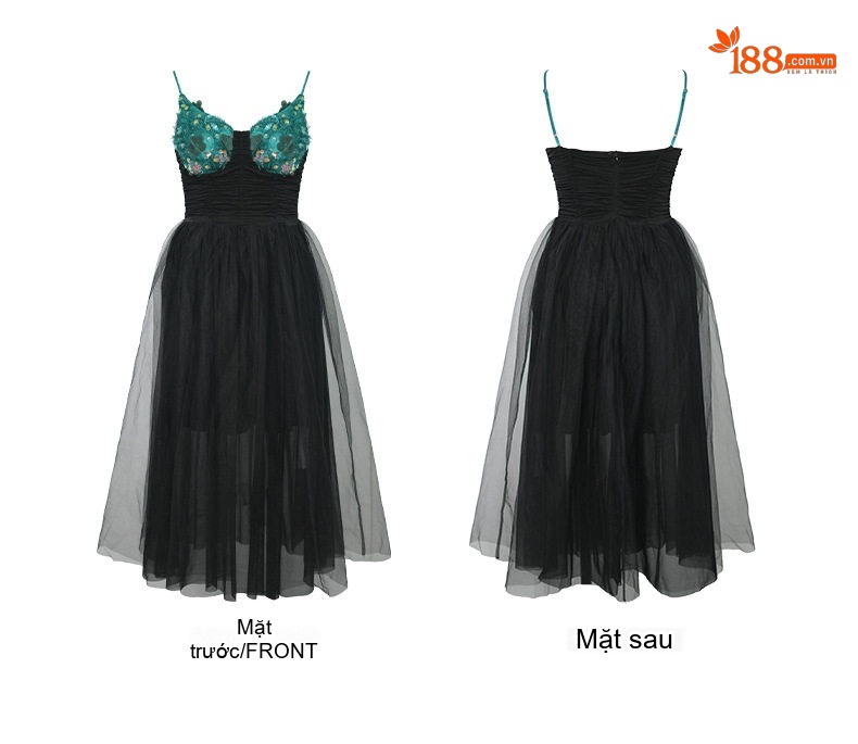 Váy Dây Nữ V-Neck Lưới Bồng Xòe Eo Cao Đính Kim Sa Phong Cách Quý Cô Màu Đen, Xanh Lá chi tiết 4