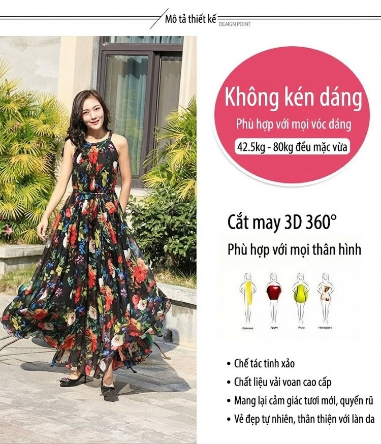 Váy Dây Nữ Xòe Dài Chất Liệu Voan In Hoa Cạp Cao Màu Đen, Đỏ, Xanh Lá chi tiết 2
