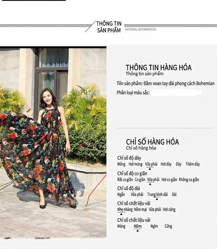 Váy Dây Nữ Xòe Dài Chất Liệu Voan In Hoa Cạp Cao Màu Đen, Đỏ, Xanh Lá chi tiết 3