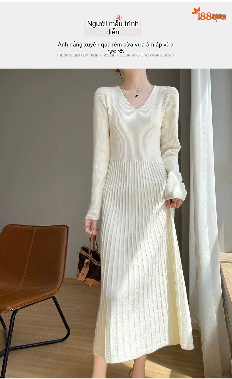 Váy Dệt Kim Nữ Cổ Chữ V Dáng Chữ A Chiết Eo Tay Dài Qua Gối Màu Đen, Trắng, Đỏ, Nâu chi tiết 5