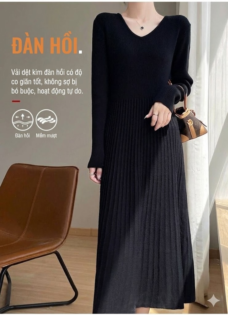 Váy Dệt Kim Nữ Cổ Chữ V Dáng Chữ A Chiết Eo Tay Dài Qua Gối Màu Đen, Trắng, Đỏ, Nâu chi tiết 2