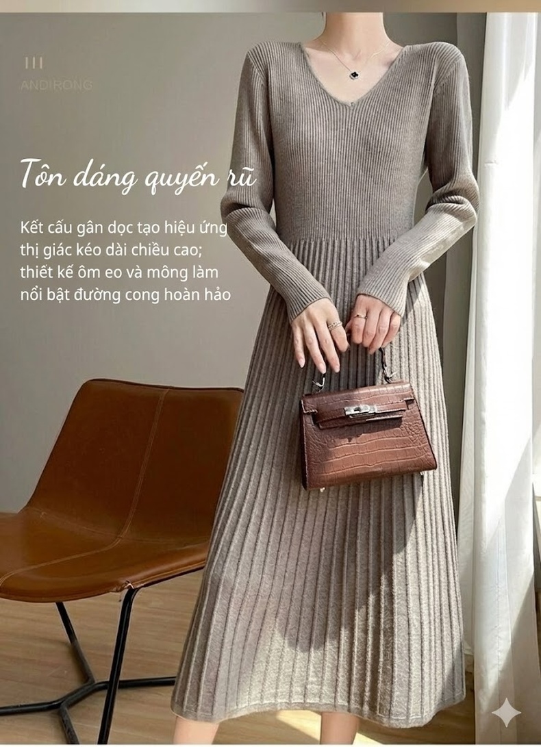 Váy Dệt Kim Nữ Cổ Chữ V Dáng Chữ A Chiết Eo Tay Dài Qua Gối Màu Đen, Trắng, Đỏ, Nâu chi tiết 1