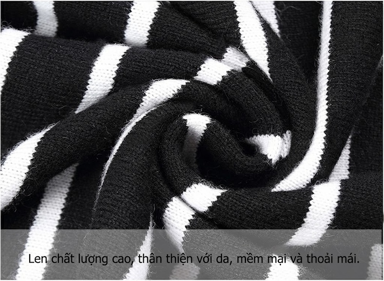 Váy Dệt Kim Nữ Cổ Tròn Tay Dài Kẻ Sọc Chất Liệu Lông Cừu Màu Đen, Trắng chi tiết 12