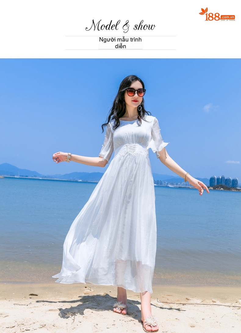 Váy Đi Biển Nữ Lụa Tằm Bo Eo Dáng Chữ A Cổ chữ V Tay Loe Màu Đỏ, Trắng chi tiết 9