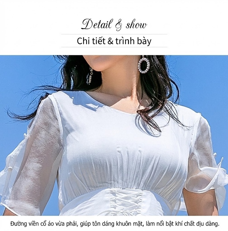 Váy Đi Biển Nữ Lụa Tằm Bo Eo Dáng Chữ A Cổ chữ V Tay Loe Màu Đỏ, Trắng chi tiết 16