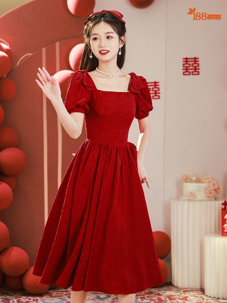 Váy Dự Tiệc Cưới Cô Dâu dáng chữ A Tay Bồng Phong Cách Pháp Chất Nỉ Đỏ