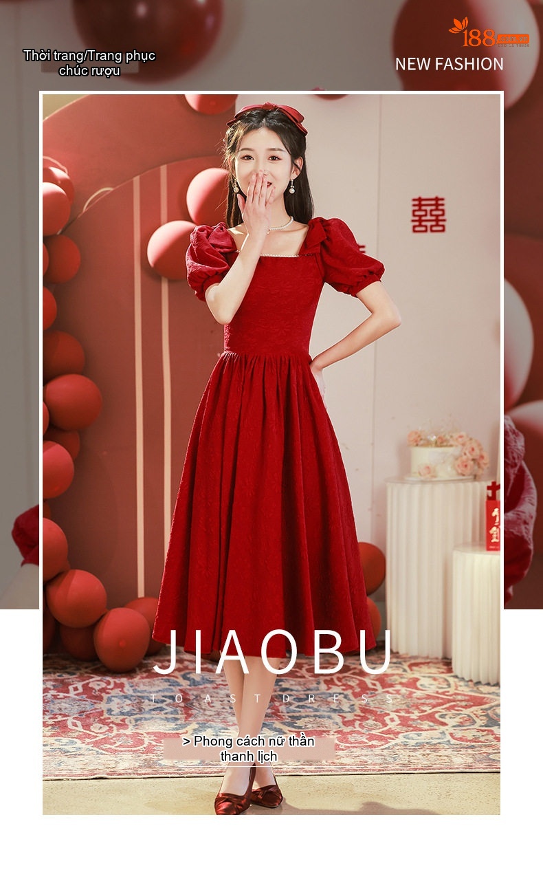 Váy Dự Tiệc Cưới Cô Dâu dáng chữ A Tay Bồng Phong Cách Pháp Chất Nỉ Đỏ chi tiết 1