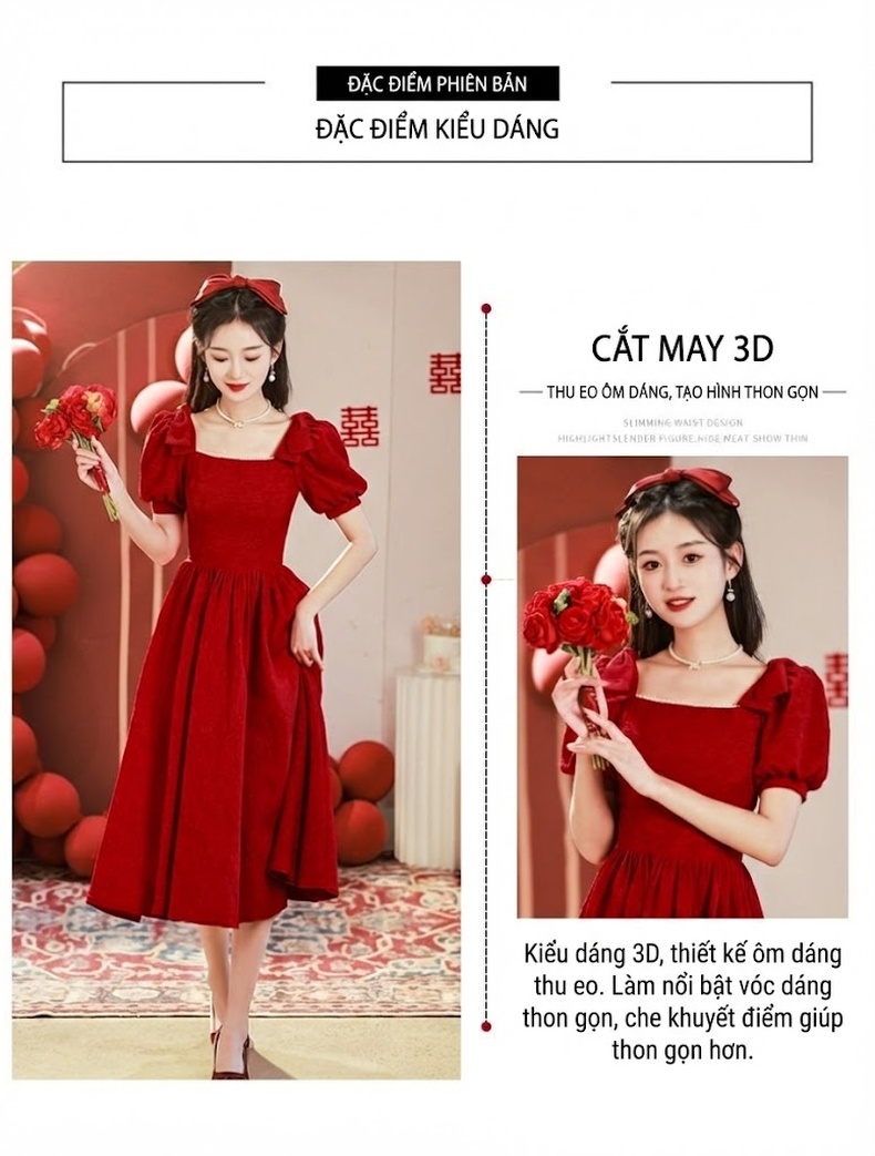 Váy Dự Tiệc Cưới Cô Dâu dáng chữ A Tay Bồng Phong Cách Pháp Chất Nỉ Đỏ chi tiết 2