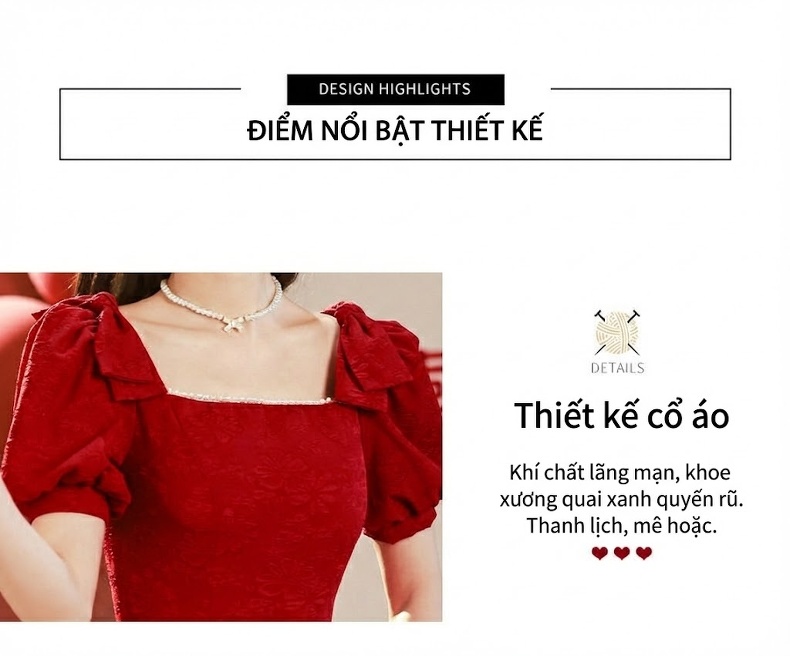 Váy Dự Tiệc Cưới Cô Dâu dáng chữ A Tay Bồng Phong Cách Pháp Chất Nỉ Đỏ chi tiết 3