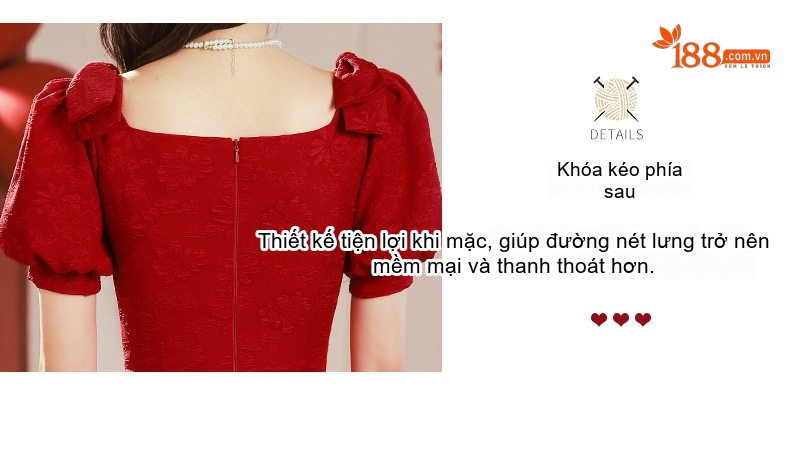 Váy Dự Tiệc Cưới Cô Dâu dáng chữ A Tay Bồng Phong Cách Pháp Chất Nỉ Đỏ chi tiết 5
