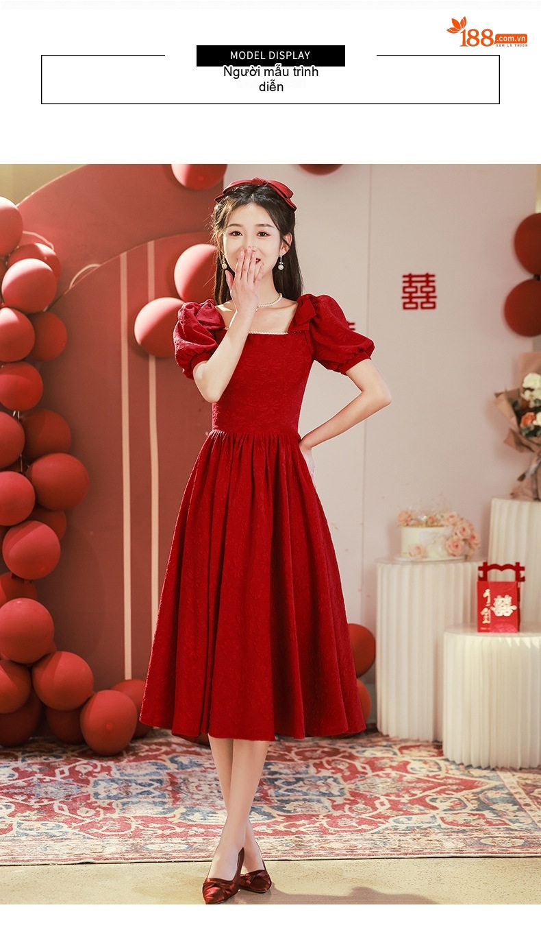 Váy Dự Tiệc Cưới Cô Dâu dáng chữ A Tay Bồng Phong Cách Pháp Chất Nỉ Đỏ chi tiết 7