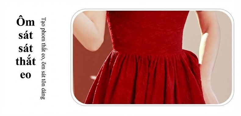 Váy Dự Tiệc Cưới Cô Dâu dáng chữ A Tay Bồng Phong Cách Pháp Chất Nỉ Đỏ chi tiết 17
