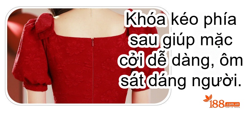 Váy Dự Tiệc Cưới Cô Dâu dáng chữ A Tay Bồng Phong Cách Pháp Chất Nỉ Đỏ chi tiết 18