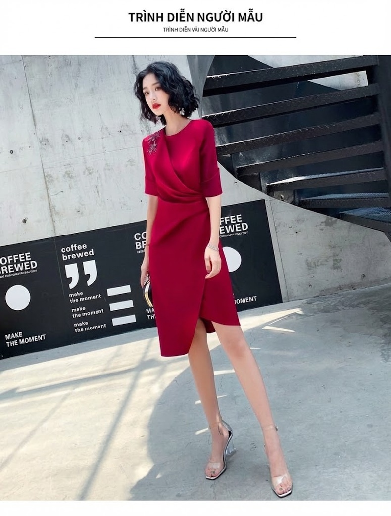 Váy Dự Tiệc Cưới Cô Dâu Dáng Ôm Midi Tay Lỡ Màu Đỏ Rượu Vang, Xanh Lá, Xanh Ngọc Bích chi tiết 6