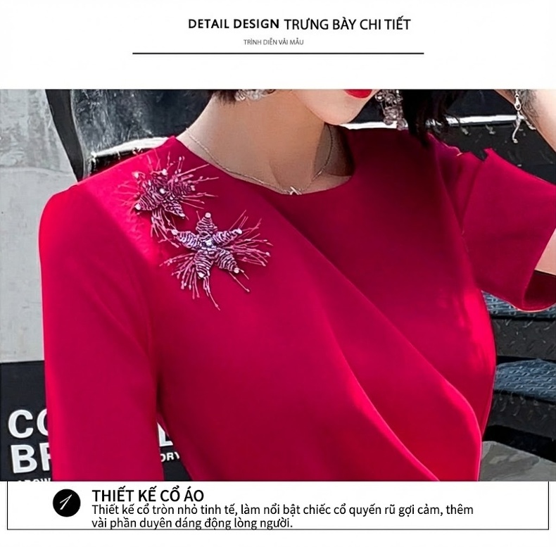 Váy Dự Tiệc Cưới Cô Dâu Dáng Ôm Midi Tay Lỡ Màu Đỏ Rượu Vang, Xanh Lá, Xanh Ngọc Bích chi tiết 11