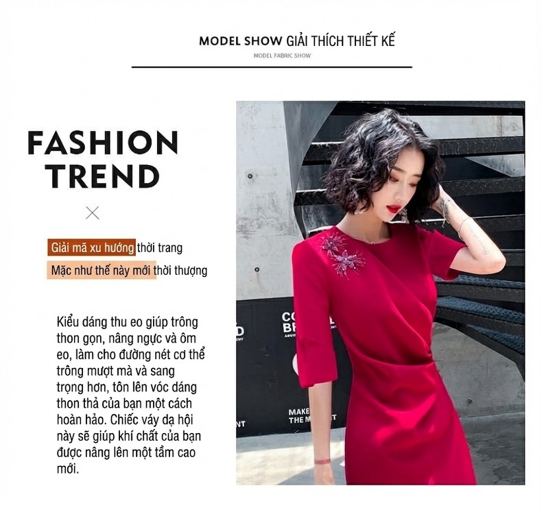 Váy Dự Tiệc Cưới Cô Dâu Dáng Ôm Midi Tay Lỡ Màu Đỏ Rượu Vang, Xanh Lá, Xanh Ngọc Bích chi tiết 1
