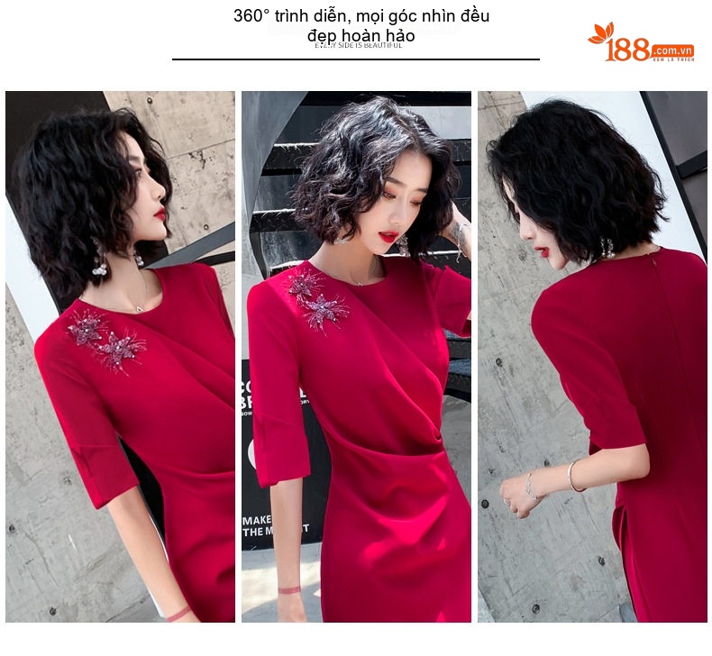 Váy Dự Tiệc Cưới Cô Dâu Dáng Ôm Midi Tay Lỡ Màu Đỏ Rượu Vang, Xanh Lá, Xanh Ngọc Bích chi tiết 2