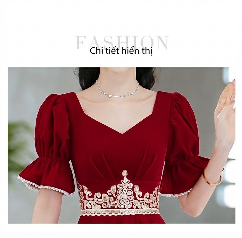 Váy Dự Tiệc Cưới Cô Dâu Màu Đỏ Rượu Vang Tay Bồng Chiết Eo chi tiết 17