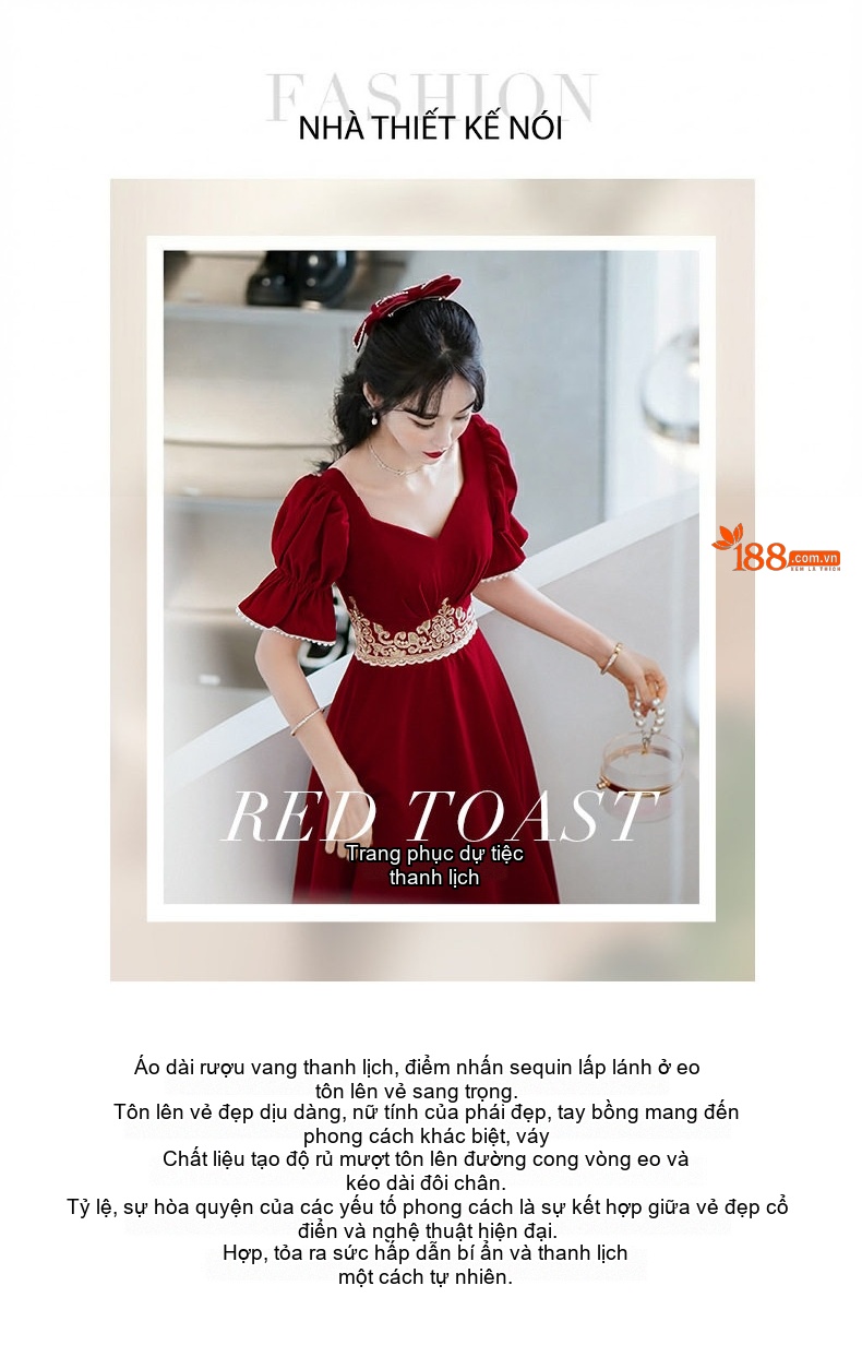 Váy Dự Tiệc Cưới Cô Dâu Màu Đỏ Rượu Vang Tay Bồng Chiết Eo chi tiết 2