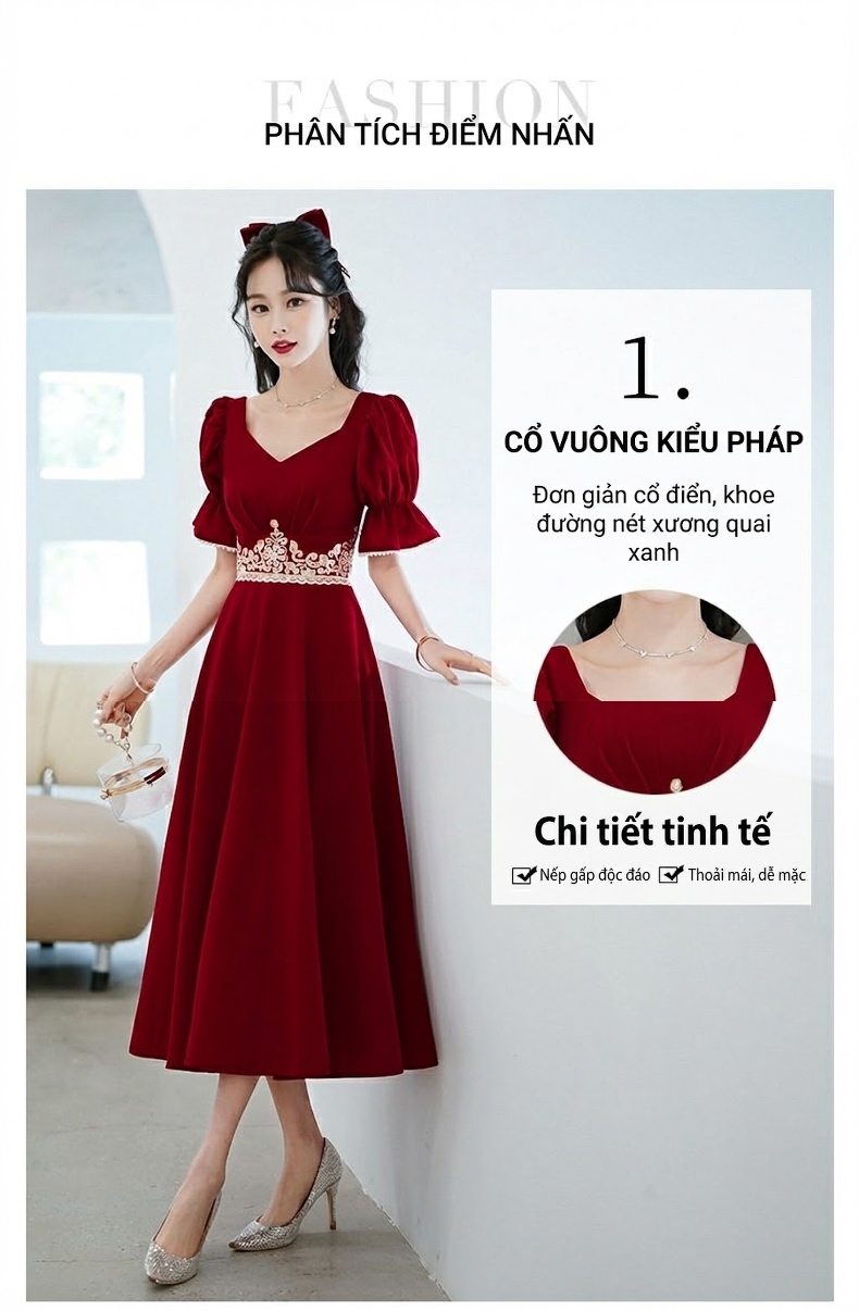 Váy Dự Tiệc Cưới Cô Dâu Màu Đỏ Rượu Vang Tay Bồng Chiết Eo chi tiết 3