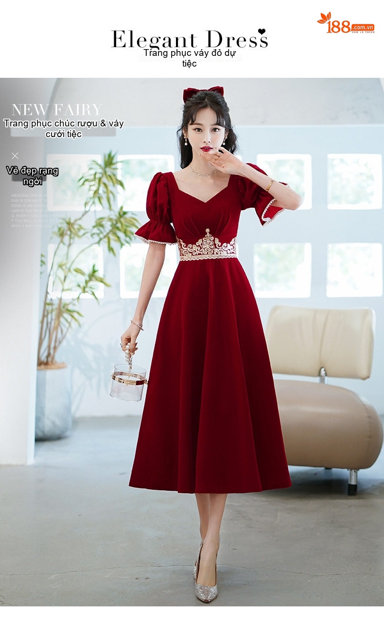 Váy Dự Tiệc Cưới Cô Dâu Màu Đỏ Rượu Vang Tay Bồng Chiết Eo chi tiết 1