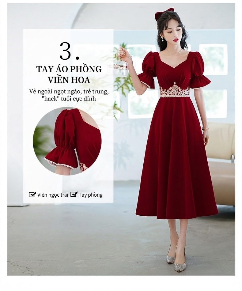 Váy Dự Tiệc Cưới Cô Dâu Màu Đỏ Rượu Vang Tay Bồng Chiết Eo chi tiết 4
