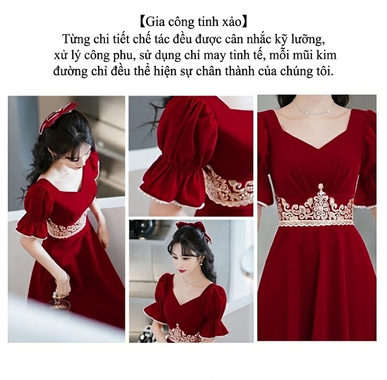 Váy Dự Tiệc Cưới Cô Dâu Màu Đỏ Rượu Vang Tay Bồng Chiết Eo chi tiết 5