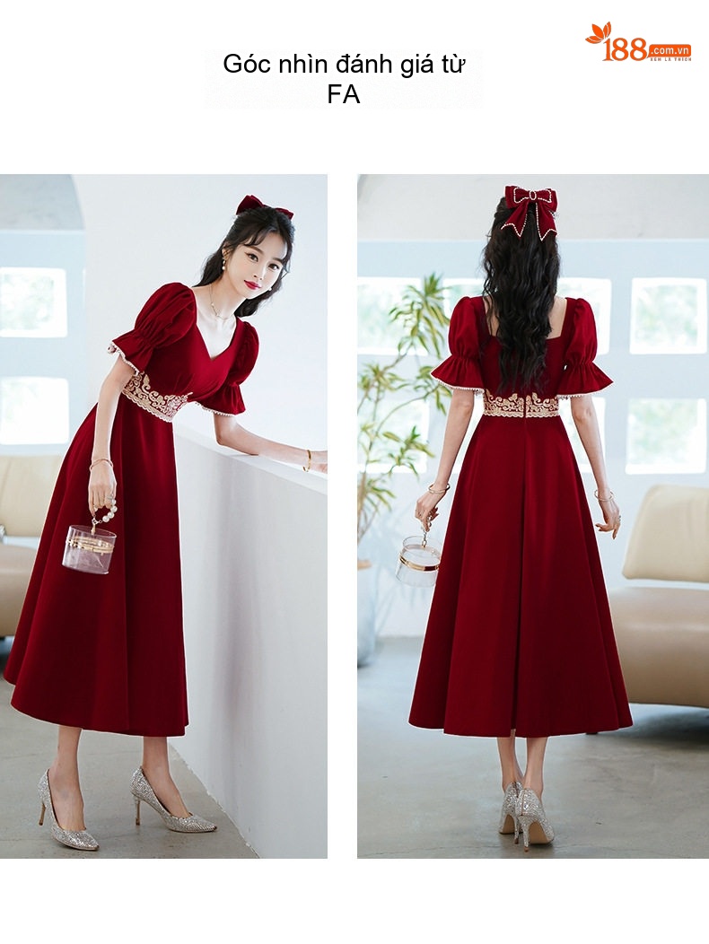 Váy Dự Tiệc Cưới Cô Dâu Màu Đỏ Rượu Vang Tay Bồng Chiết Eo chi tiết 6