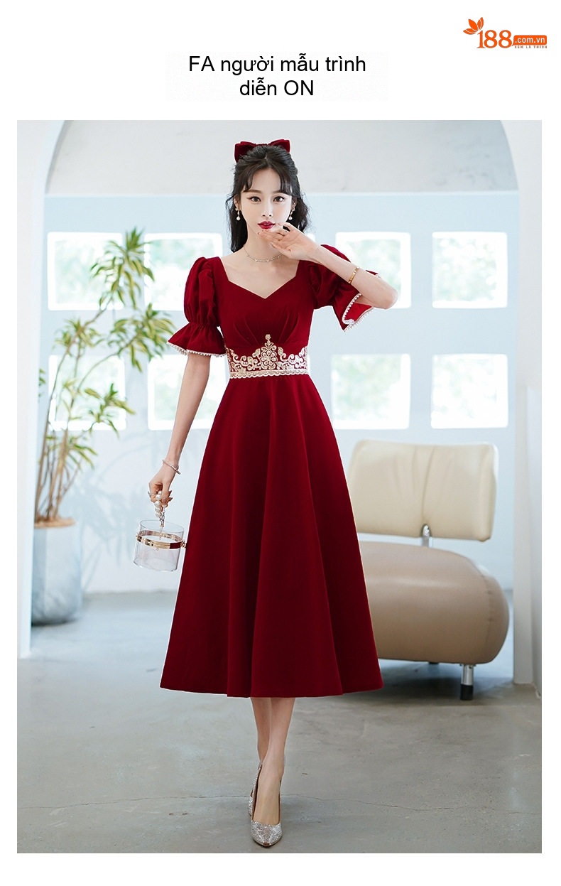 Váy Dự Tiệc Cưới Cô Dâu Màu Đỏ Rượu Vang Tay Bồng Chiết Eo chi tiết 7