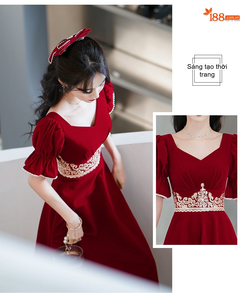 Váy Dự Tiệc Cưới Cô Dâu Màu Đỏ Rượu Vang Tay Bồng Chiết Eo chi tiết 9