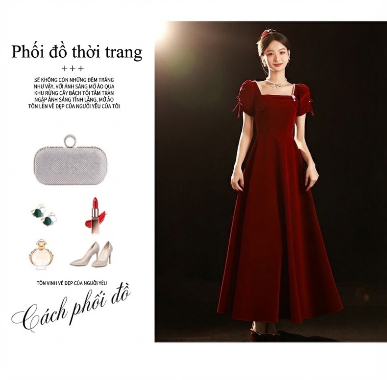 Váy Dự Tiệc Cưới Cô Dâu Tay Bồng Phong Cách Pháp Chất Liệu Nỉ Màu Đỏ Rượu Vang chi tiết 3
