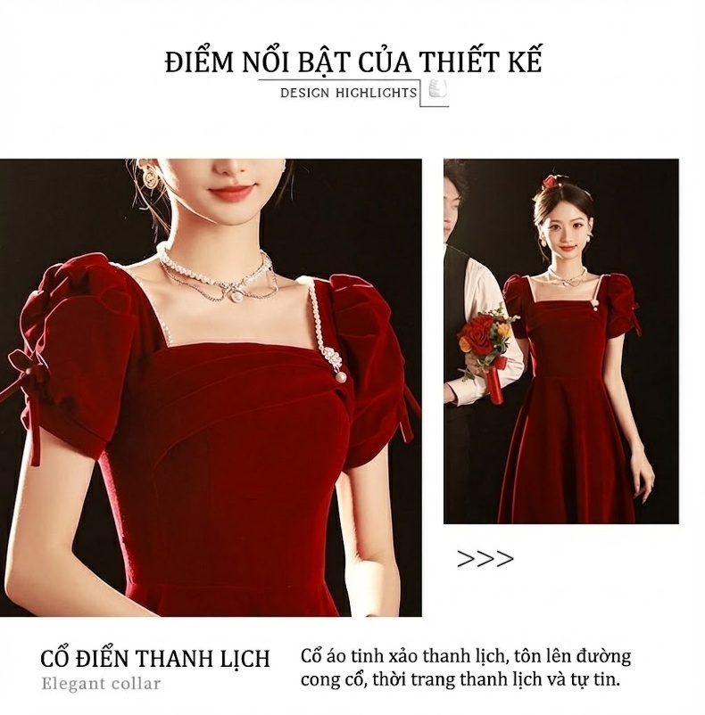 Váy Dự Tiệc Cưới Cô Dâu Tay Bồng Phong Cách Pháp Chất Liệu Nỉ Màu Đỏ Rượu Vang chi tiết 16