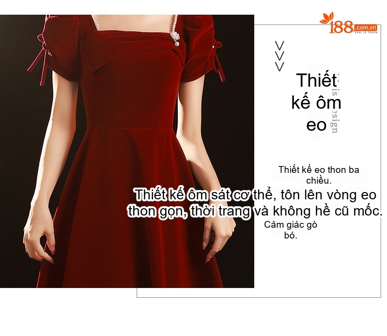 Váy Dự Tiệc Cưới Cô Dâu Tay Bồng Phong Cách Pháp Chất Liệu Nỉ Màu Đỏ Rượu Vang chi tiết 17