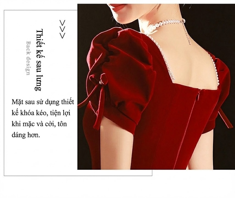 Váy Dự Tiệc Cưới Cô Dâu Tay Bồng Phong Cách Pháp Chất Liệu Nỉ Màu Đỏ Rượu Vang chi tiết 18