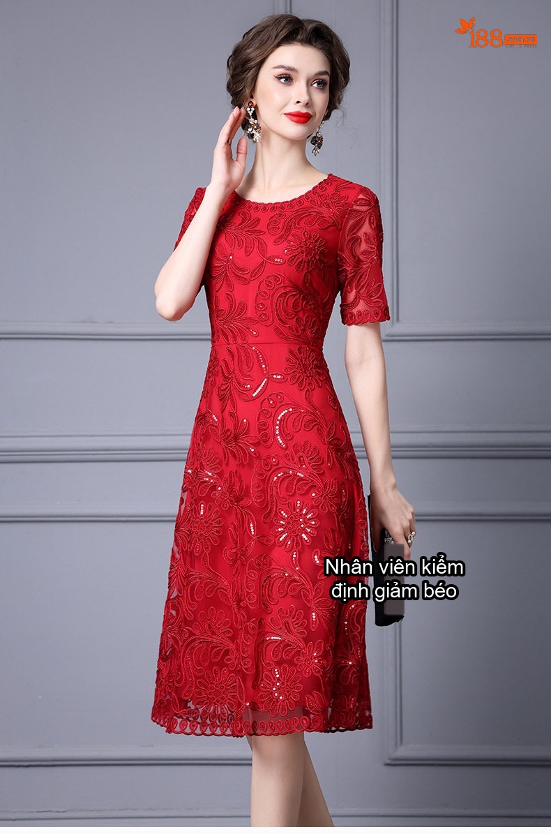 Váy Dự Tiệc Cưới Thêu Hoa Chiết Eo dáng chữ A Màu Đỏ, Hồng chi tiết 9
