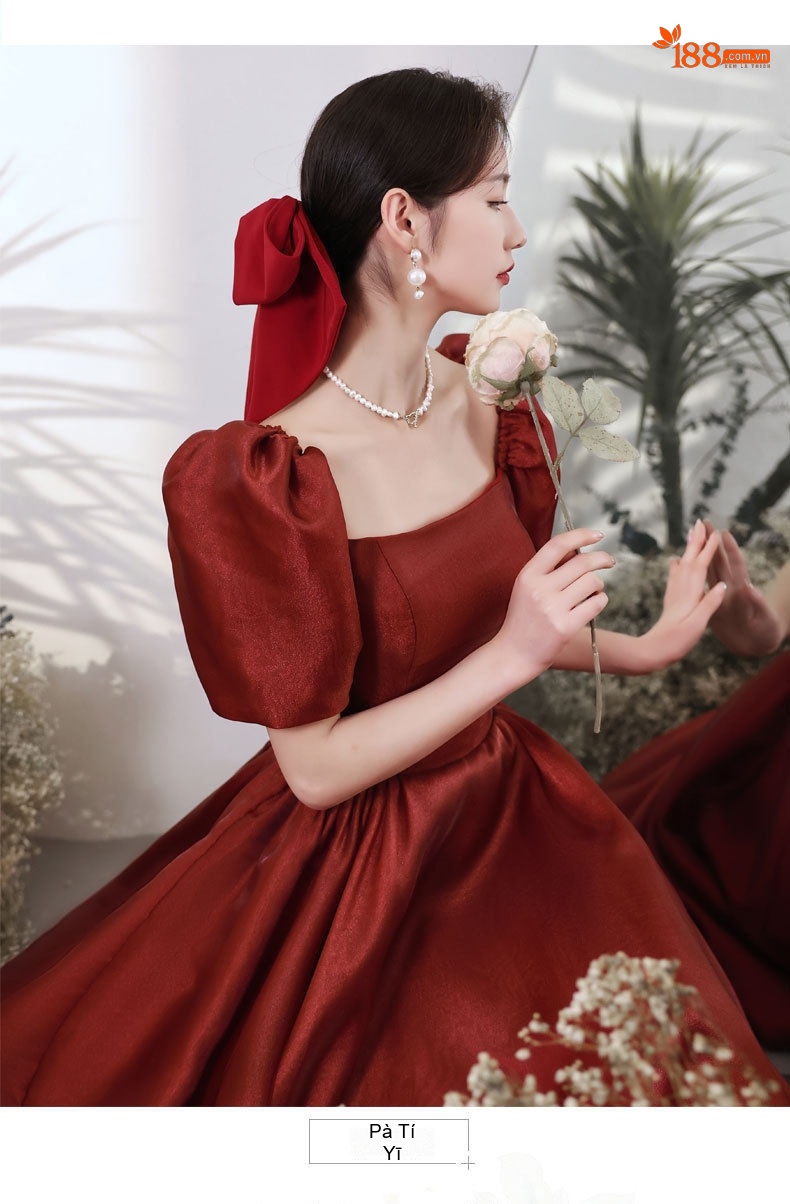 Váy Dự Tiệc dáng chữ A Tay Bồng Che Bắp Tay Màu Đỏ Rượu chi tiết 2