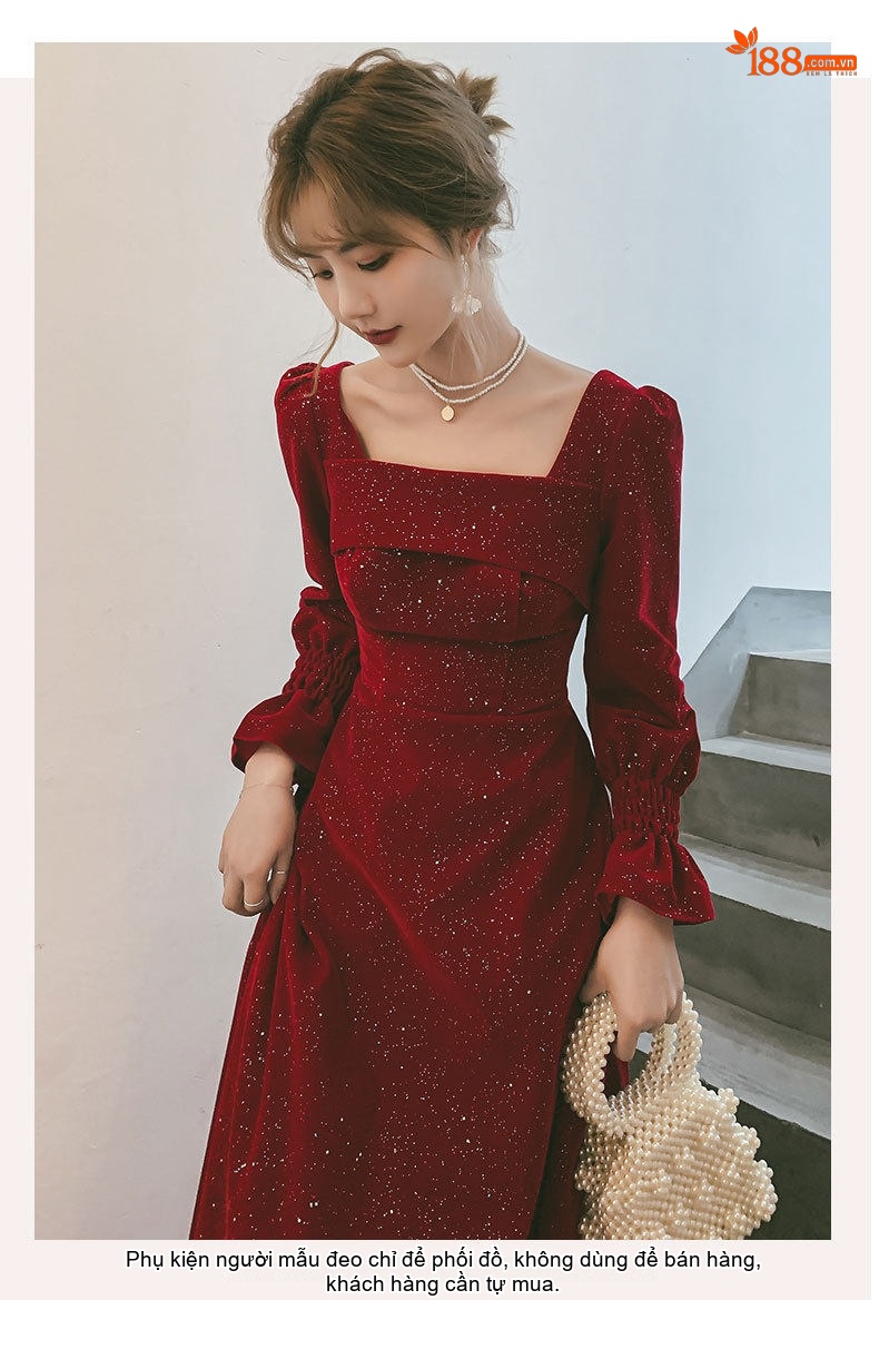 Váy Dự Tiệc dáng chữ A Tay Dài Cổ chữ Vuông Màu Đỏ, Đen chi tiết 7