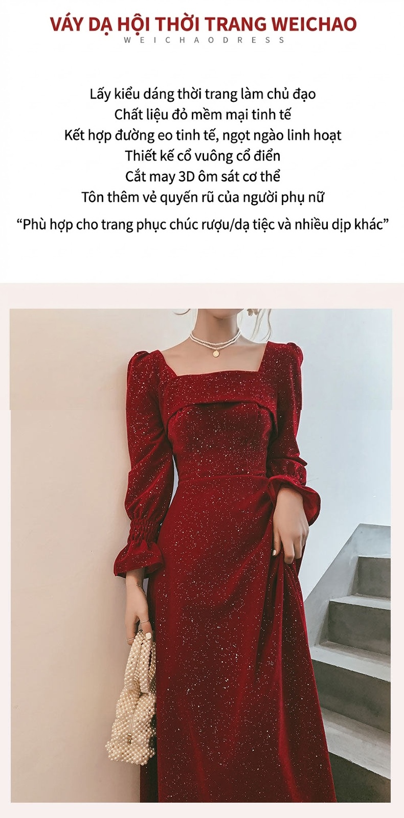 Váy Dự Tiệc dáng chữ A Tay Dài Cổ chữ Vuông Màu Đỏ, Đen chi tiết 2