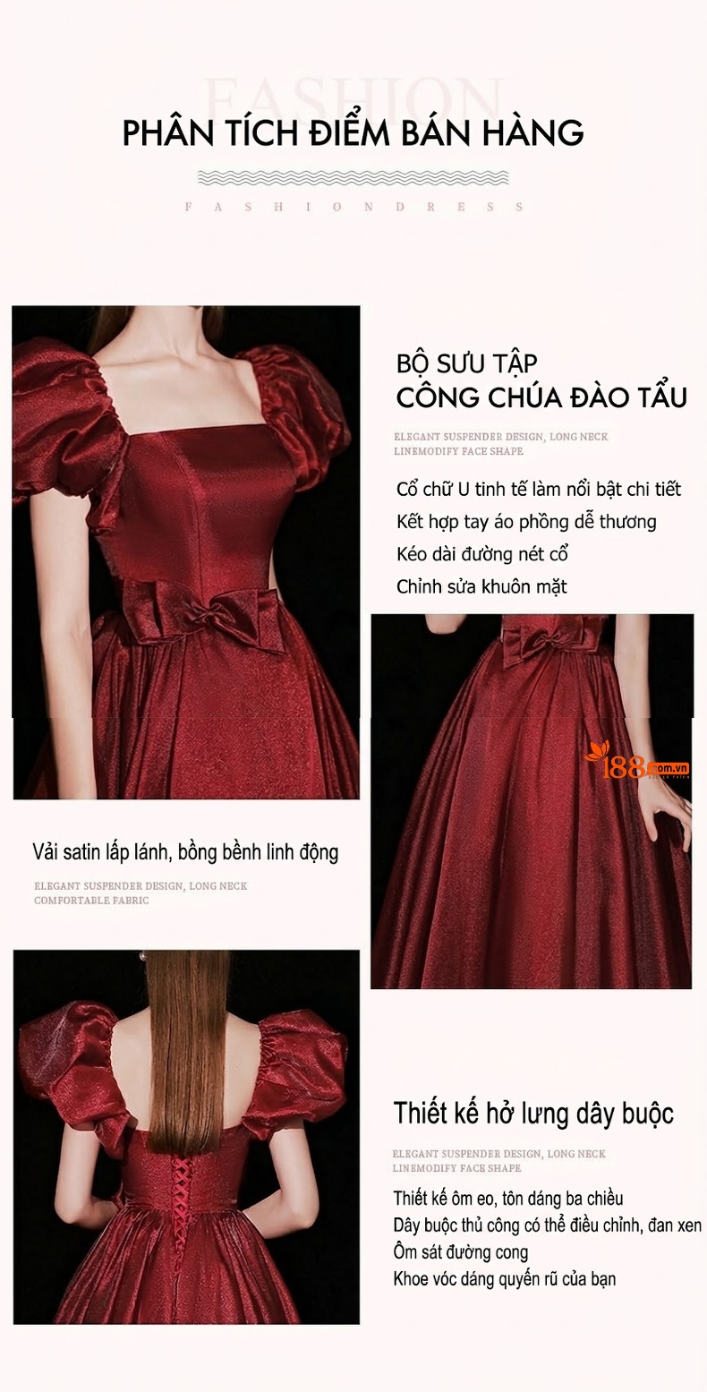 Váy Dự Tiệc Dáng Dài Tay Bồng Cổ chữ Vuông Đính Nơ Phong Cách Công Chúa Màu Đỏ chi tiết 2