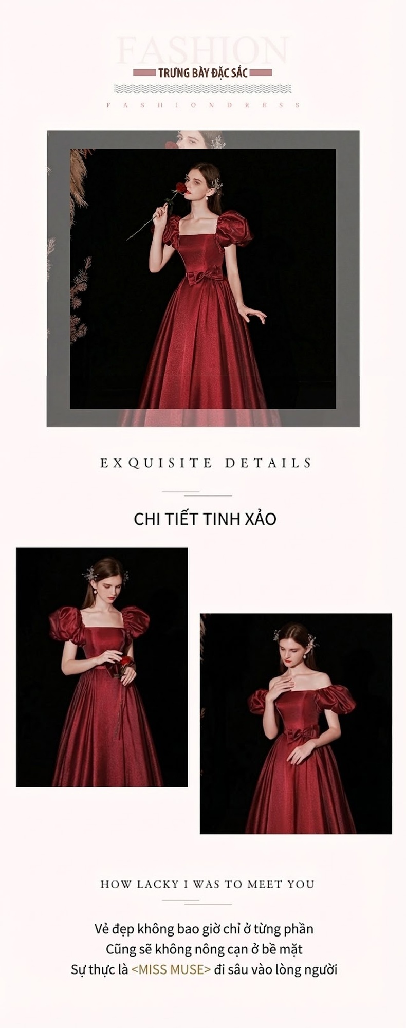 Váy Dự Tiệc Dáng Dài Tay Bồng Cổ chữ Vuông Đính Nơ Phong Cách Công Chúa Màu Đỏ chi tiết 3