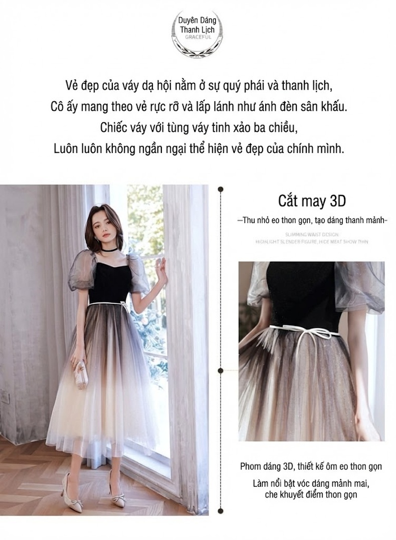 Váy Dự Tiệc Dáng Xòe Kiểu Pháp Tay Bồng Thích Hợp Cho Học Sinh Màu Đen, Trắng chi tiết 1