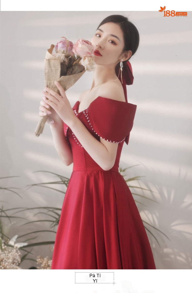 Váy Dự Tiệc Nữ Hở Vai Dáng Dài Khí Chất Che Bắp Tay Màu Đỏ Rượu Vang chi tiết 2