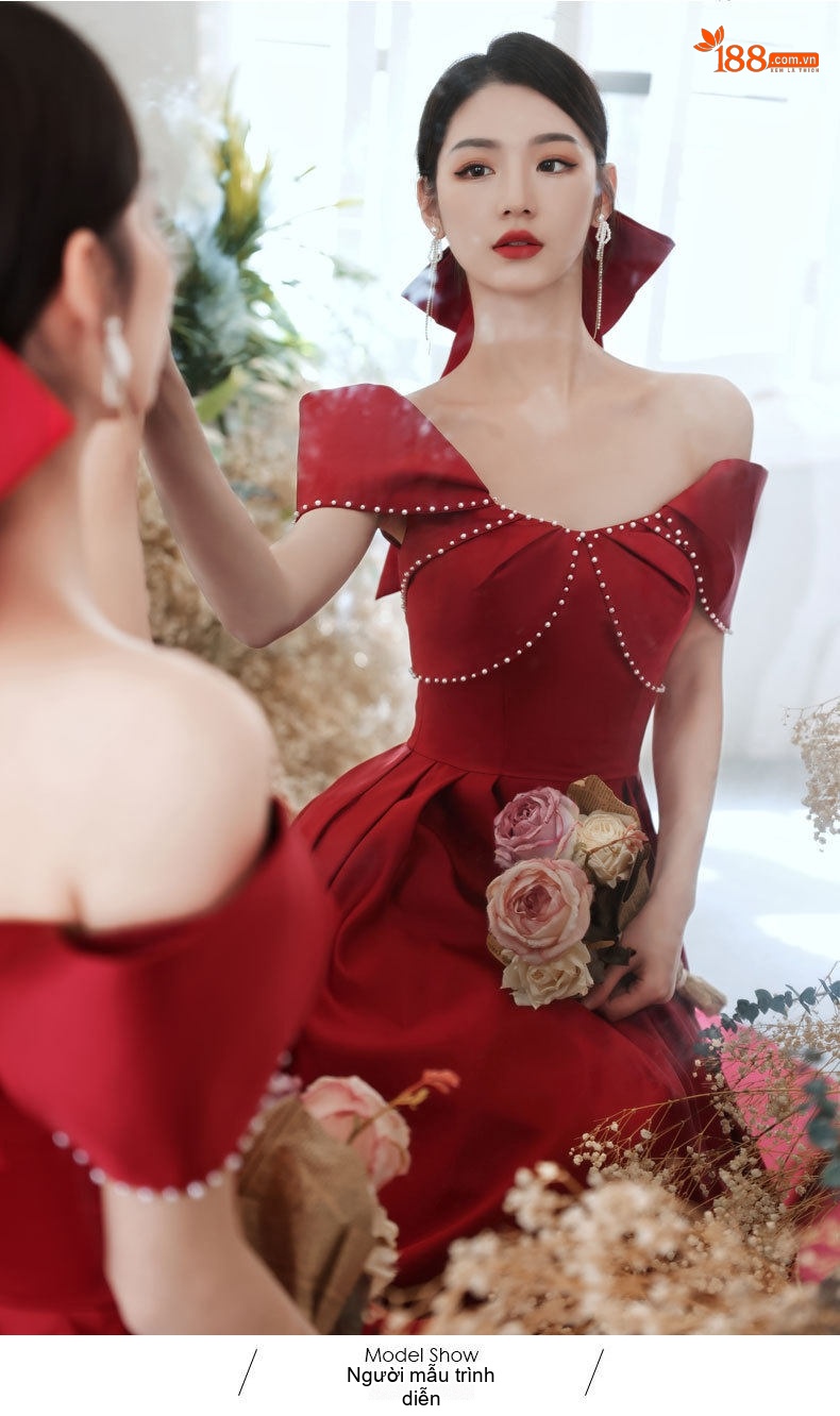 Váy Dự Tiệc Nữ Hở Vai Dáng Dài Khí Chất Che Bắp Tay Màu Đỏ Rượu Vang chi tiết 6
