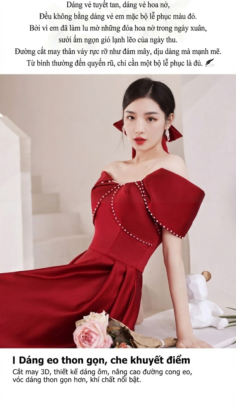 Váy Dự Tiệc Nữ Hở Vai Dáng Dài Khí Chất Che Bắp Tay Màu Đỏ Rượu Vang chi tiết 3