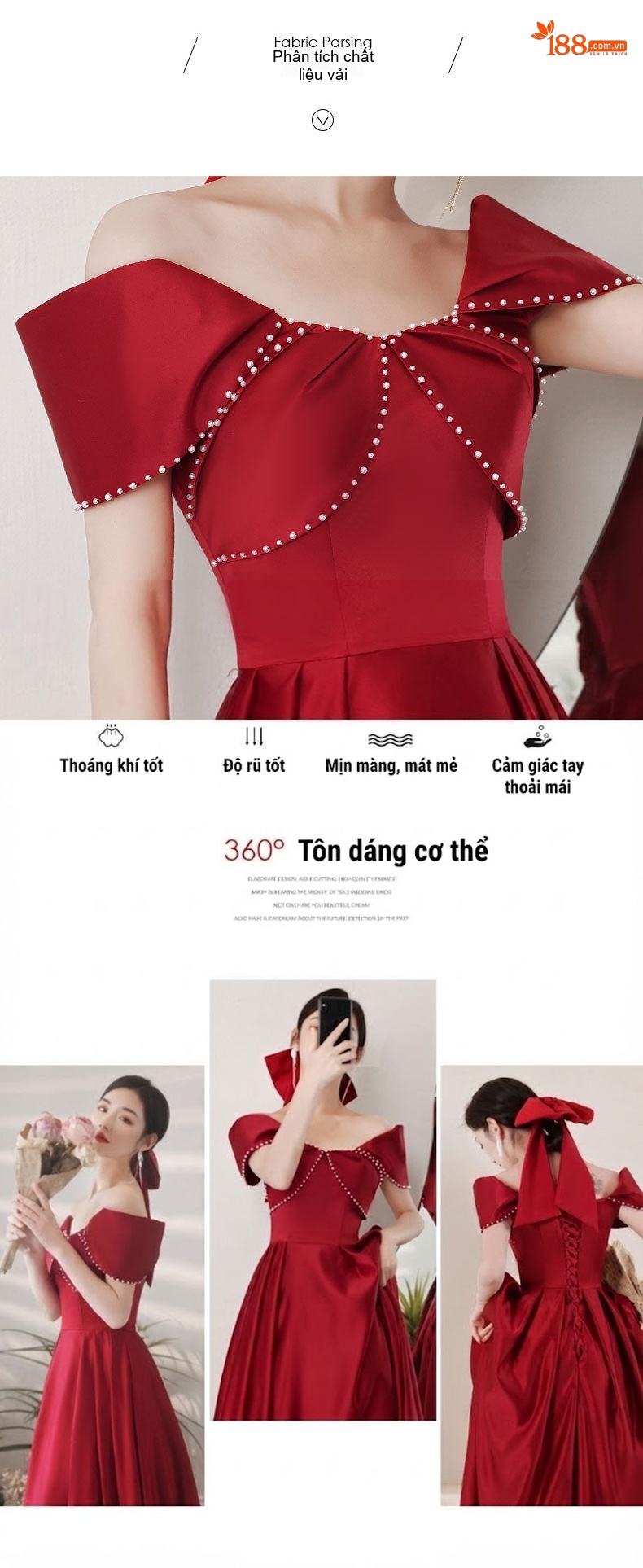 Váy Dự Tiệc Nữ Hở Vai Dáng Dài Khí Chất Che Bắp Tay Màu Đỏ Rượu Vang chi tiết 4