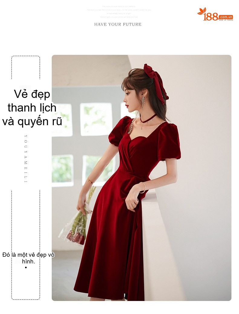 Váy Dự Tiệc Nữ Pháp Tay Ngắn Chất Liệu Nhung Đỏ chi tiết 6