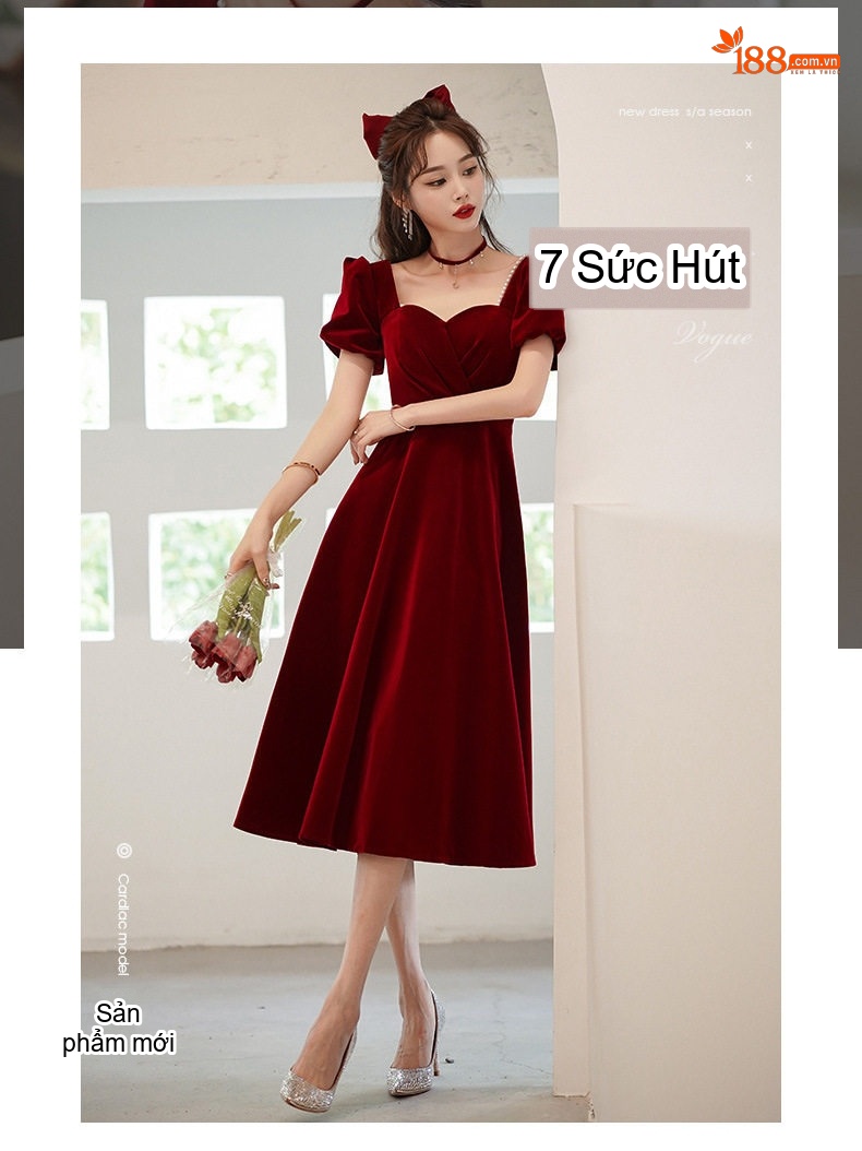 Váy Dự Tiệc Nữ Pháp Tay Ngắn Chất Liệu Nhung Đỏ chi tiết 1