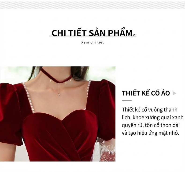 Váy Dự Tiệc Nữ Pháp Tay Ngắn Chất Liệu Nhung Đỏ chi tiết 10