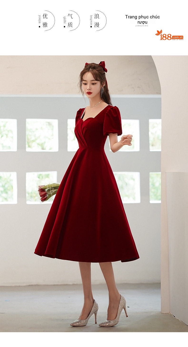 Váy Dự Tiệc Nữ Pháp Tay Ngắn Chất Liệu Nhung Đỏ chi tiết 8
