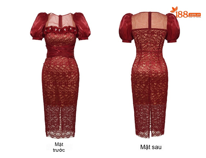 Váy Dự Tiệc Nữ Ren Đính Cườm Hoa Nổi Cổ chữ Vuông Tay Bồng Màu Đỏ, Đen chi tiết 7